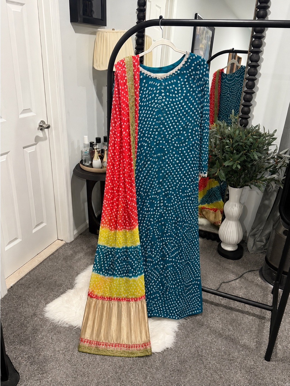 Teal Bandhani Maxi Dress with Red & Gold Dupatta ( Reema inspired )